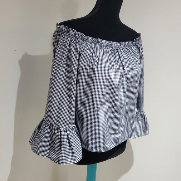 Atmosphere Off the Shoulder Ruffled Gingham Print Blouse Size 0 Blue and White - Picture 2 of 11